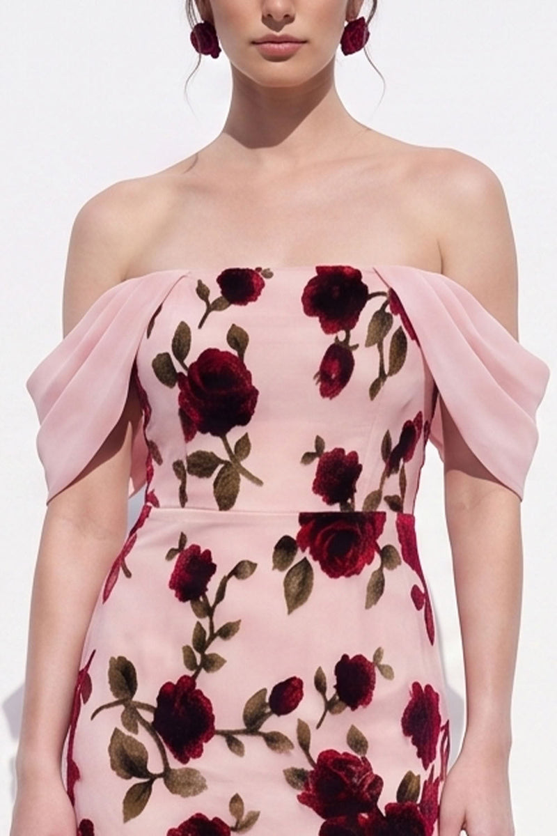 Load image into Gallery viewer, Peach Floral Mermaid Off The Shoulder Long Wedding Guest Dress