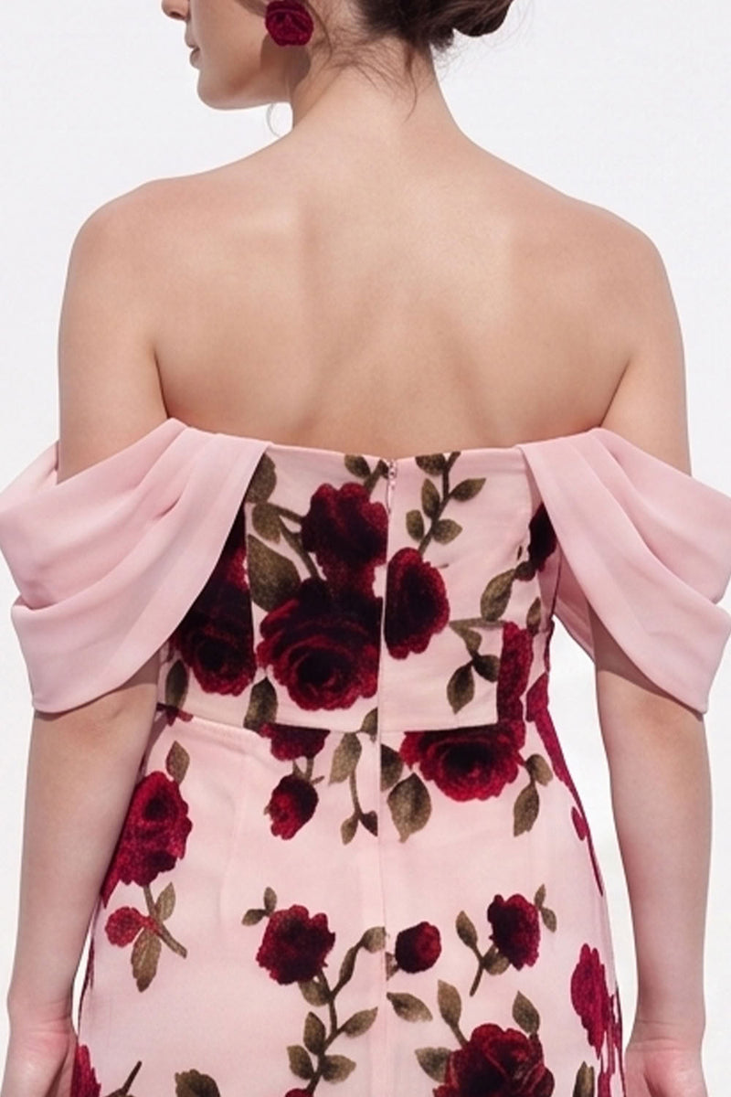 Load image into Gallery viewer, Peach Floral Mermaid Off The Shoulder Long Wedding Guest Dress