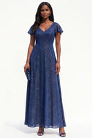 Load image into Gallery viewer, Sparkly Navy Beaded A Line V-Neck Flutter Sleeves Long Evening Dress