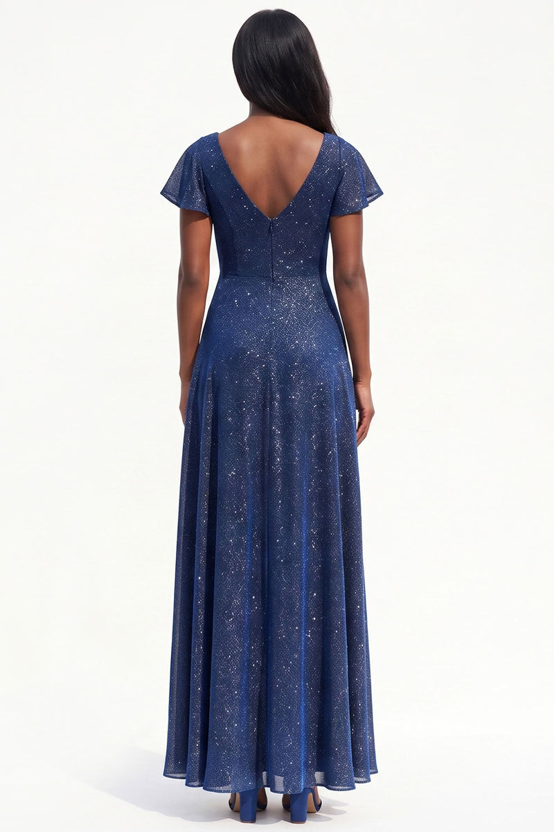 Load image into Gallery viewer, Sparkly Navy Beaded A Line V-Neck Flutter Sleeves Long Evening Dress