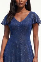 Load image into Gallery viewer, Sparkly Navy Beaded A Line V-Neck Flutter Sleeves Long Evening Dress