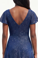 Load image into Gallery viewer, Sparkly Navy Beaded A Line V-Neck Flutter Sleeves Long Evening Dress