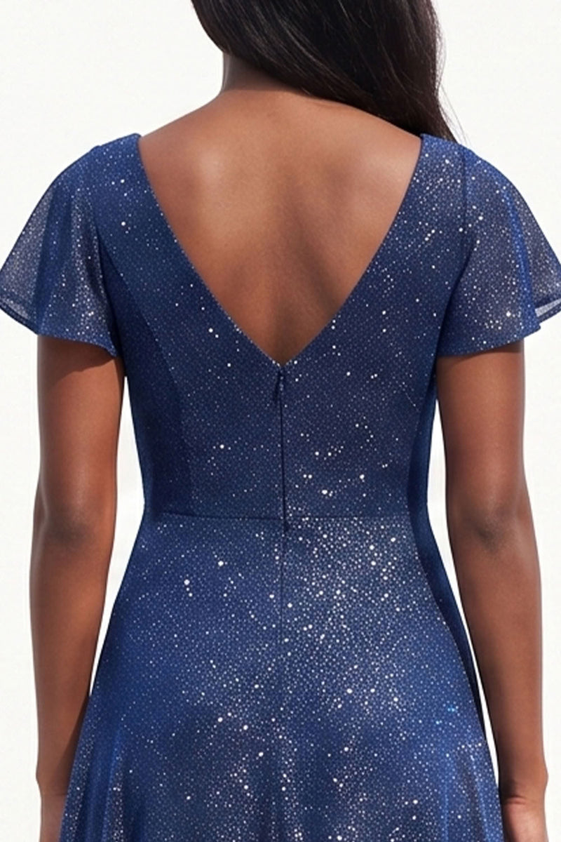 Load image into Gallery viewer, Sparkly Navy Beaded A Line V-Neck Flutter Sleeves Long Evening Dress