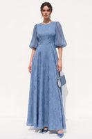 Load image into Gallery viewer, Floral Dusty Blue A Line Puff Sleeves Long Wedding Guest Dress