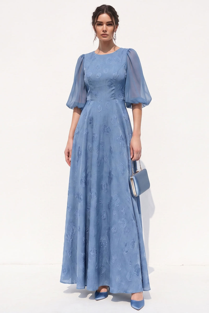 Load image into Gallery viewer, Floral Dusty Blue A Line Puff Sleeves Long Wedding Guest Dress