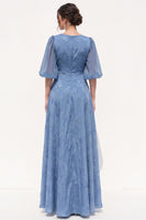 Load image into Gallery viewer, Floral Dusty Blue A Line Puff Sleeves Long Wedding Guest Dress
