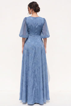 Floral Dusty Blue A Line Puff Sleeves Long Wedding Guest Dress