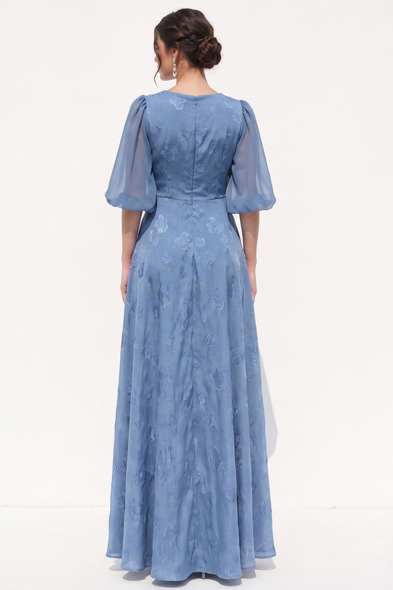 Load image into Gallery viewer, Floral Dusty Blue A Line Puff Sleeves Long Wedding Guest Dress