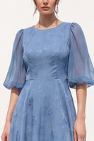 Load image into Gallery viewer, Floral Dusty Blue A Line Puff Sleeves Long Wedding Guest Dress