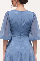 Load image into Gallery viewer, Floral Dusty Blue A Line Puff Sleeves Long Wedding Guest Dress