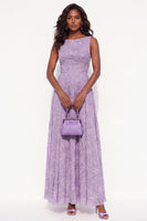 Load image into Gallery viewer, A Line Lavender Floral Boat Neck Long Wedding Guest Dress with Bow