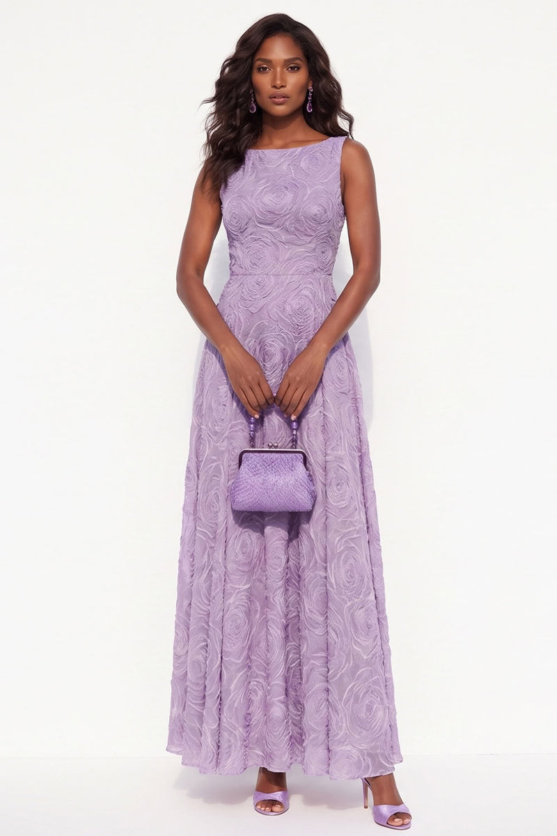 Load image into Gallery viewer, A Line Lavender Floral Boat Neck Long Wedding Guest Dress with Bow