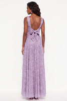Load image into Gallery viewer, A Line Lavender Floral Boat Neck Long Wedding Guest Dress with Bow