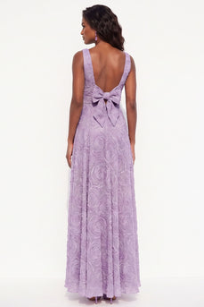 A Line Lavender Floral Boat Neck Long Wedding Guest Dress with Bow