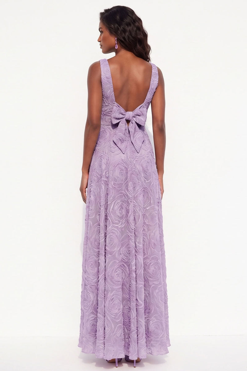 Load image into Gallery viewer, A Line Lavender Floral Boat Neck Long Wedding Guest Dress with Bow