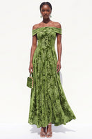 Load image into Gallery viewer, Floral Olive Green A-Line Off the Shoulder Long Velvet Wedding Guest Dress