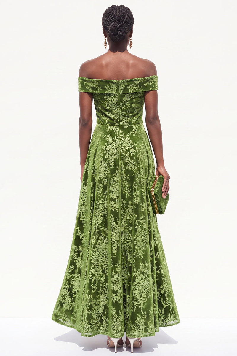 Load image into Gallery viewer, Floral Olive Green A-Line Off the Shoulder Long Velvet Wedding Guest Dress
