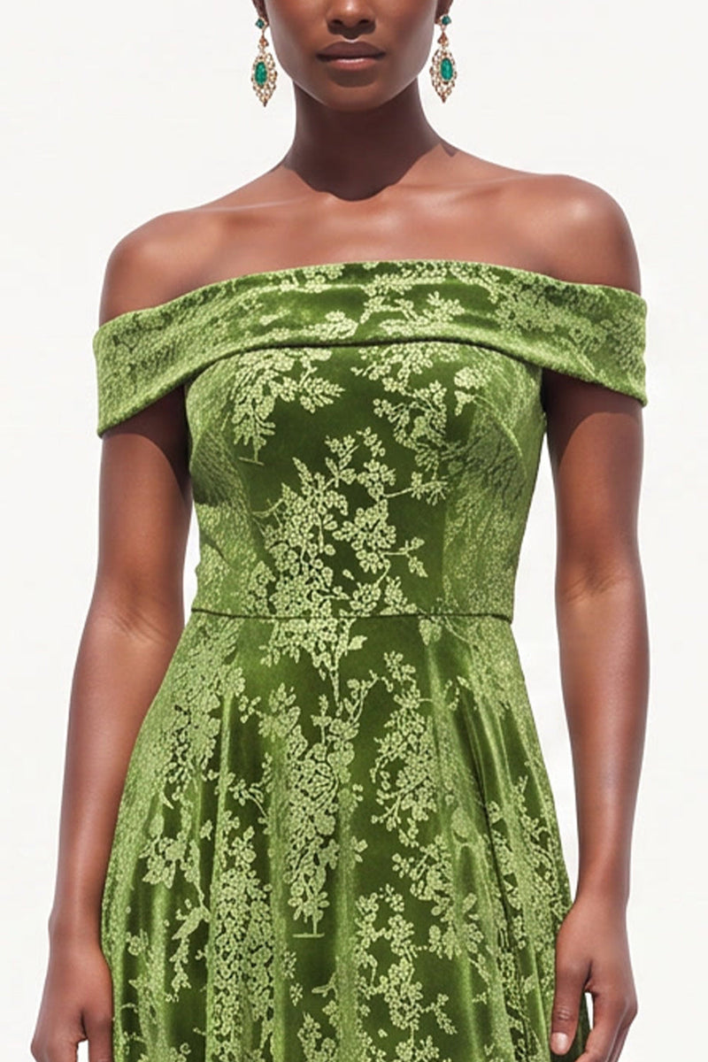 Load image into Gallery viewer, Floral Olive Green A-Line Off the Shoulder Long Velvet Wedding Guest Dress