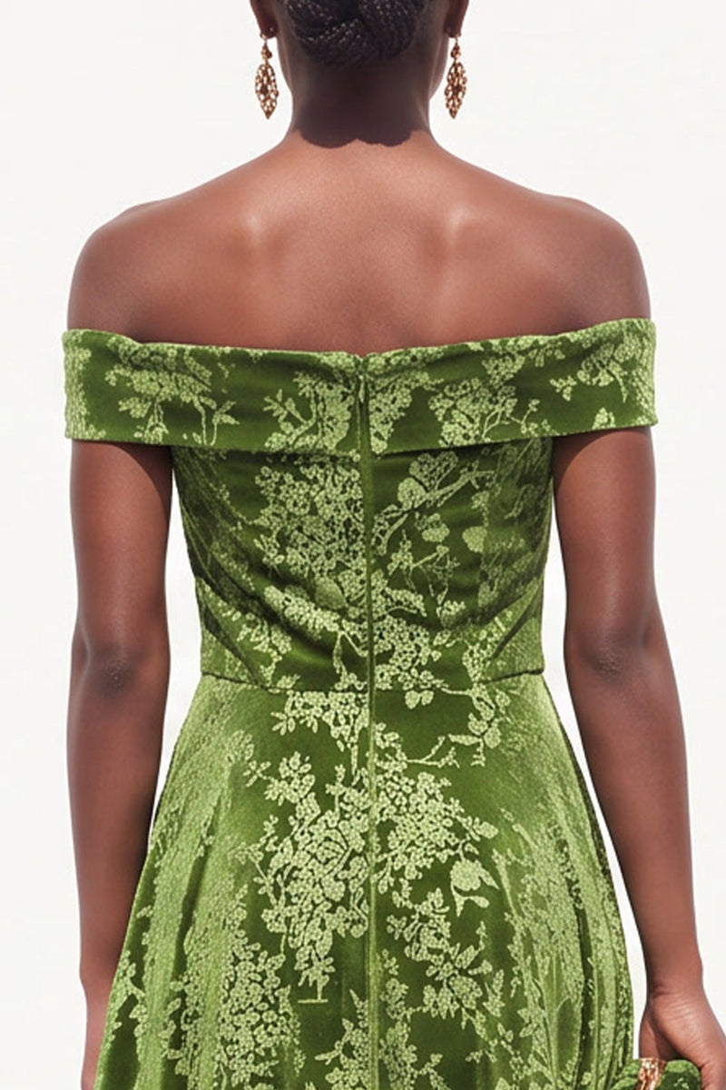 Load image into Gallery viewer, Floral Olive Green A-Line Off the Shoulder Long Velvet Wedding Guest Dress