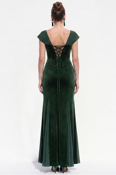 Dark Green Velvet Corset Sheath Long Evening Dress with Sleeves