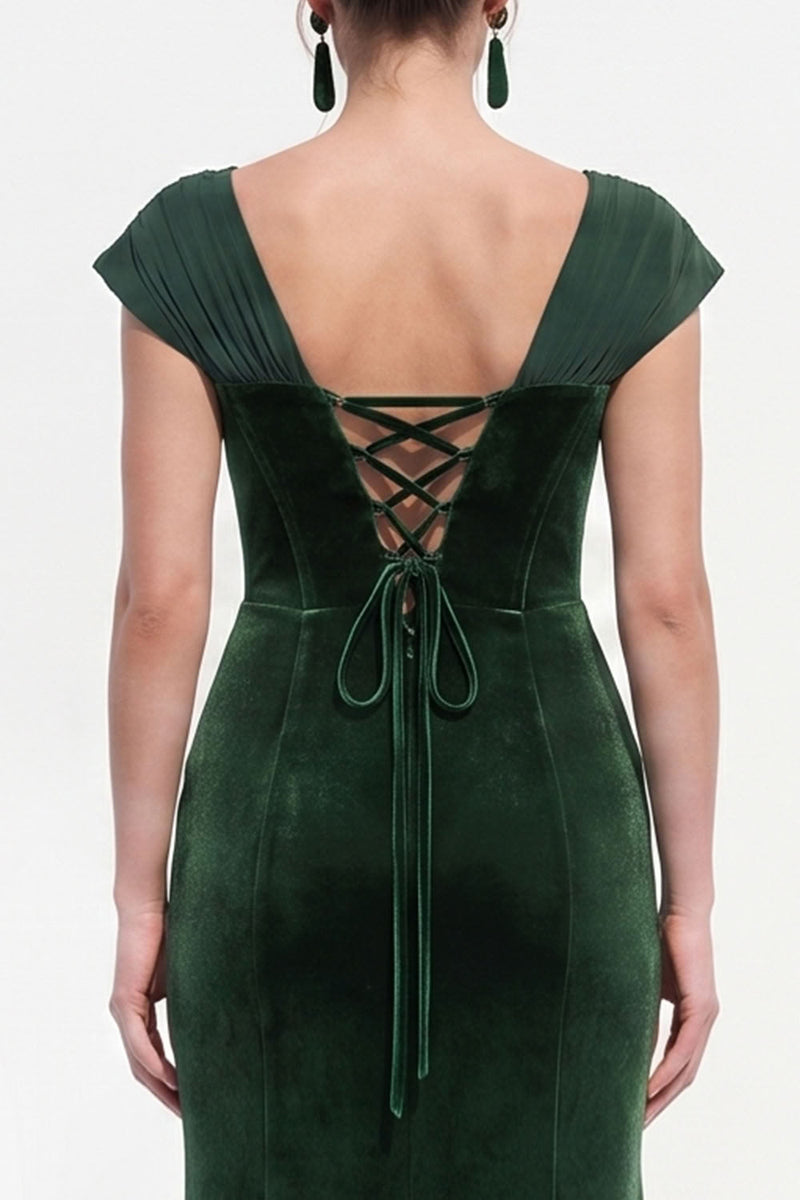Load image into Gallery viewer, Dark Green Velvet Corset Sheath Long Evening Dress with Sleeves