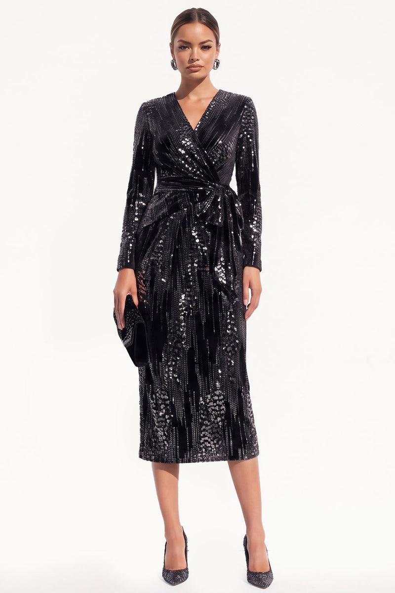 Load image into Gallery viewer, Sparkly Sequins Black Bodycon V-Neck Midi Work Dress with Sash