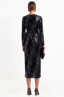 Load image into Gallery viewer, Sparkly Sequins Black Bodycon V-Neck Midi Work Dress with Sash