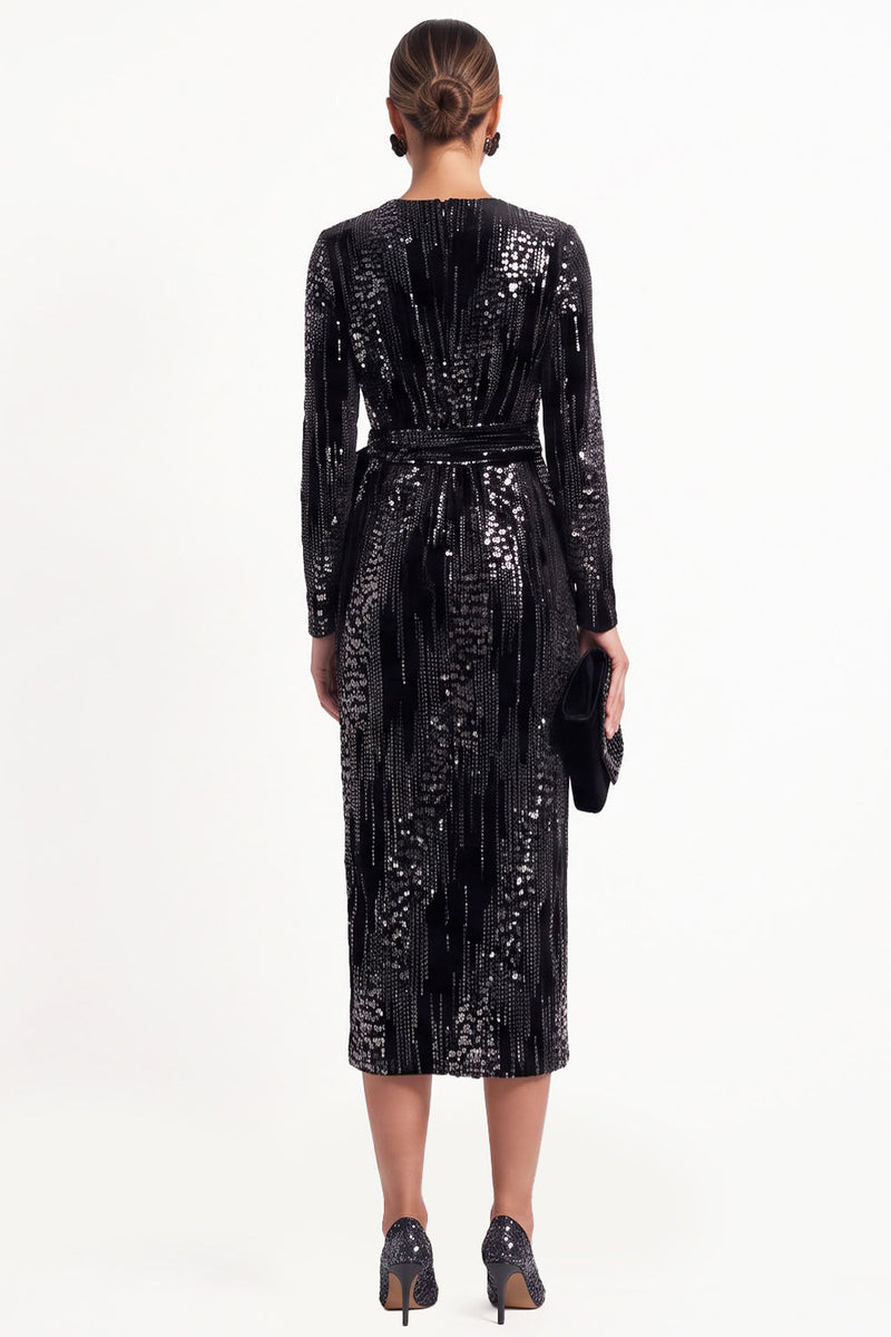 Load image into Gallery viewer, Sparkly Sequins Black Bodycon V-Neck Midi Work Dress with Sash