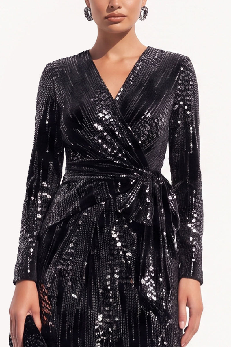 Load image into Gallery viewer, Sparkly Sequins Black Bodycon V-Neck Midi Work Dress with Sash