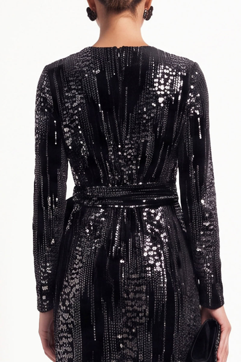 Load image into Gallery viewer, Sparkly Sequins Black Bodycon V-Neck Midi Work Dress with Sash