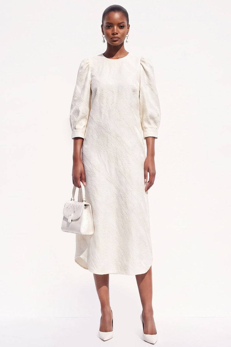 Load image into Gallery viewer, Simple White Round Neck Sheath Midi Work Dress with Sleeves