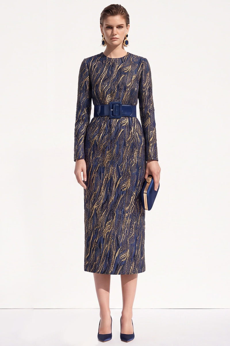 Load image into Gallery viewer, Bodycon Ink Blue Round Neck Midi Work Dress with Belt