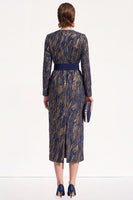 Load image into Gallery viewer, Bodycon Ink Blue Round Neck Midi Work Dress with Belt