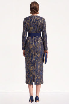 Bodycon Ink Blue Round Neck Midi Work Dress with Belt
