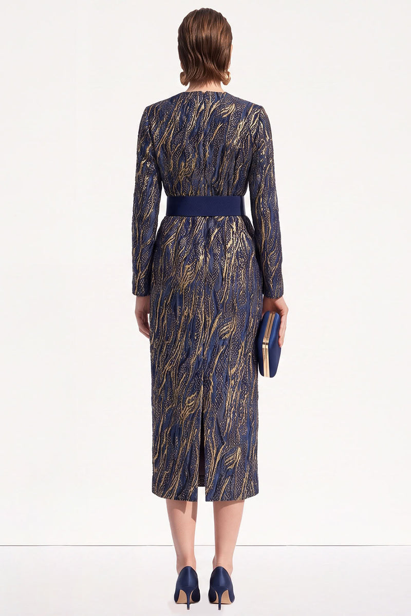 Load image into Gallery viewer, Bodycon Ink Blue Round Neck Midi Work Dress with Belt