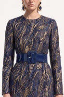 Load image into Gallery viewer, Bodycon Ink Blue Round Neck Midi Work Dress with Belt