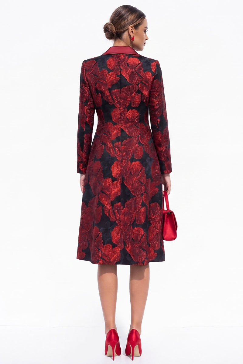Load image into Gallery viewer, Red Peak Lapel Floral A Line Double Breasted Midi Blazer Dress