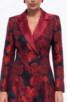 Load image into Gallery viewer, Red Peak Lapel Floral A Line Double Breasted Midi Blazer Dress