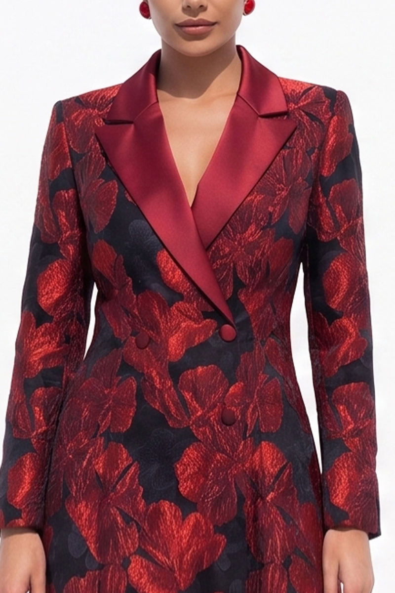 Load image into Gallery viewer, Red Peak Lapel Floral A Line Double Breasted Midi Blazer Dress