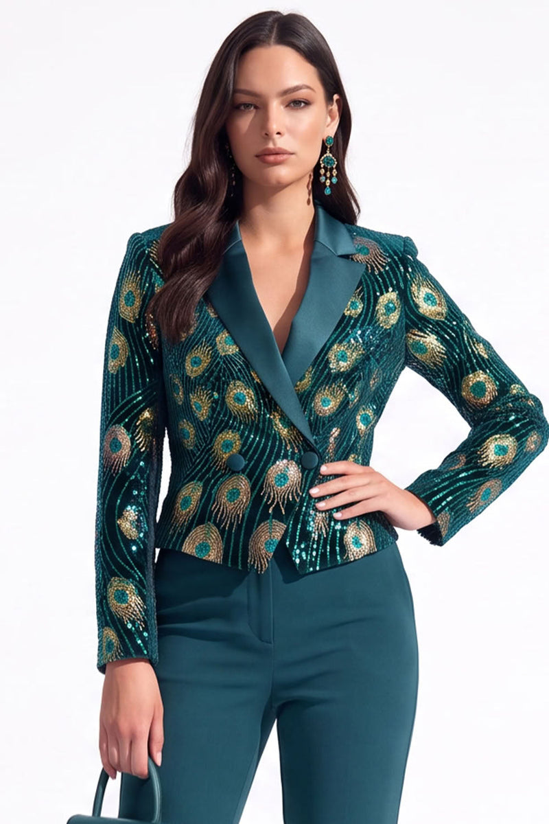 Load image into Gallery viewer, Sparkly Beaded Peacock Green Notched Lapel Women Prom Blazer