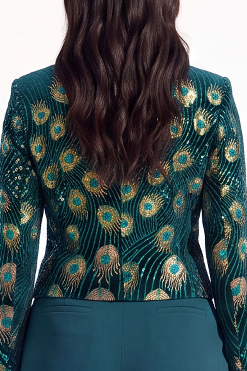 Load image into Gallery viewer, Sparkly Beaded Peacock Green Notched Lapel Women Prom Blazer
