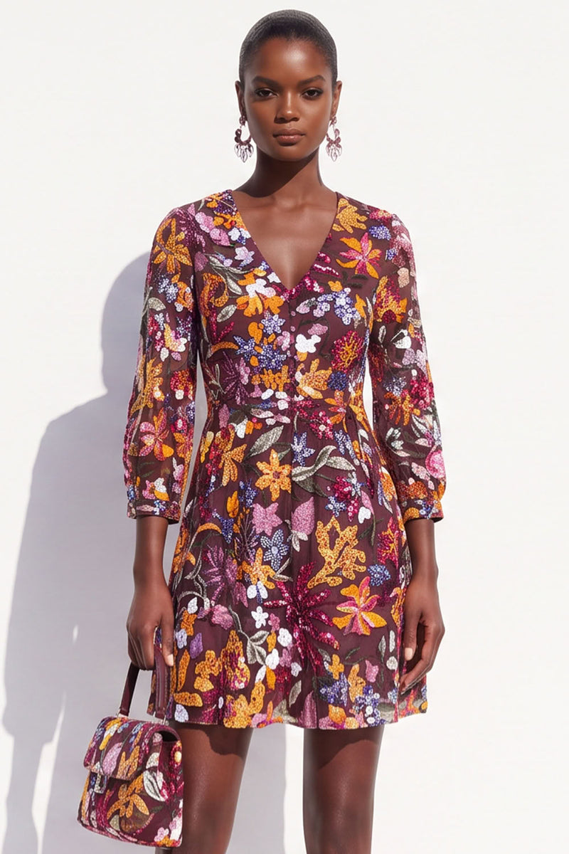Load image into Gallery viewer, Burgundy V-Neck Sparkly Sequins Floral Short Work Dress with Sleeves