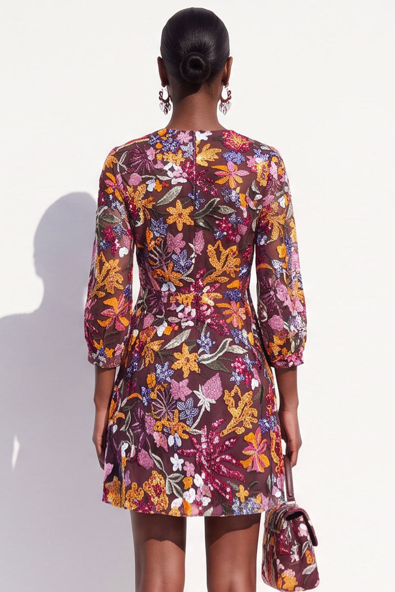 Load image into Gallery viewer, Burgundy V-Neck Sparkly Sequins Floral Short Work Dress with Sleeves