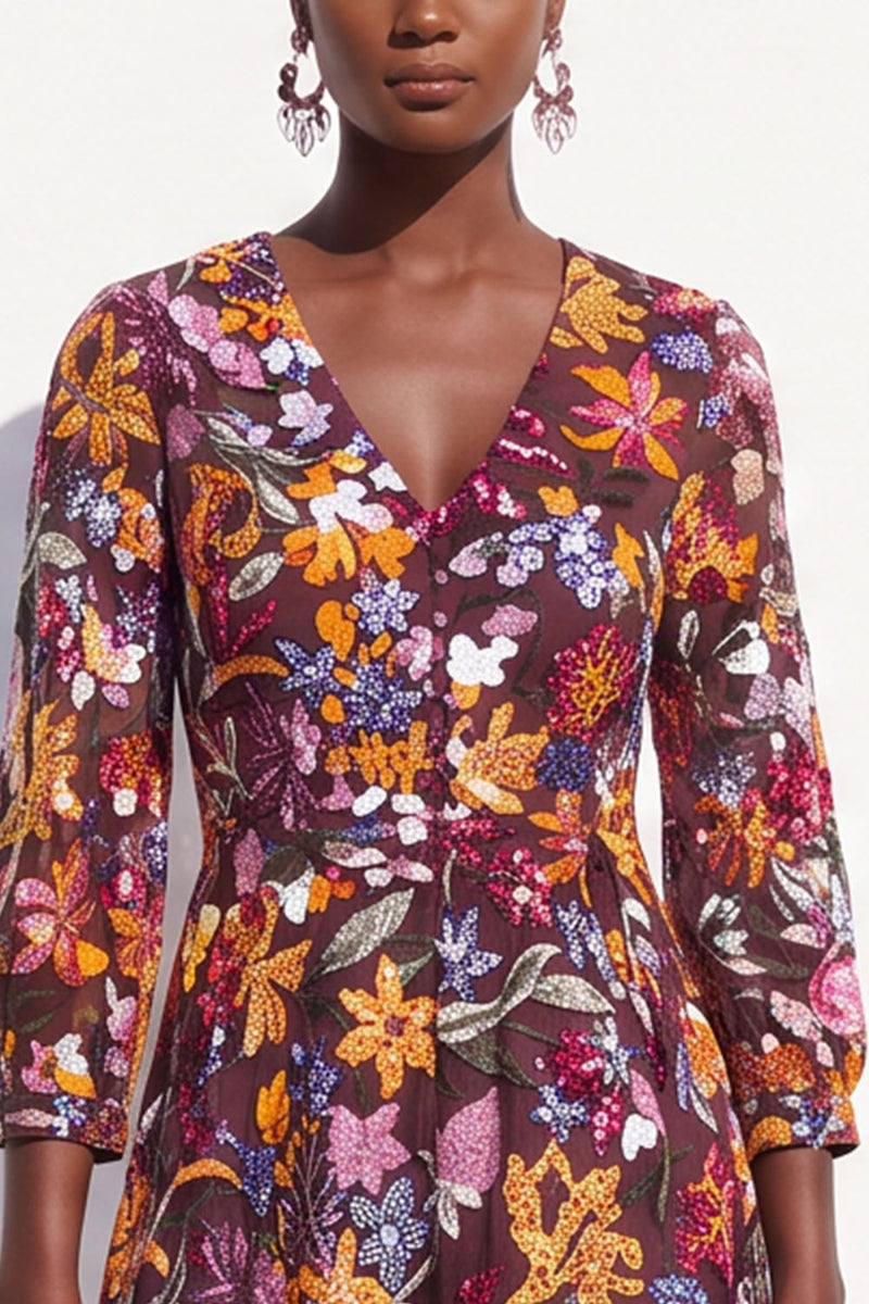 Load image into Gallery viewer, Burgundy V-Neck Sparkly Sequins Floral Short Work Dress with Sleeves