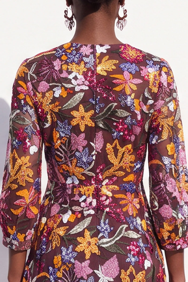 Load image into Gallery viewer, Burgundy V-Neck Sparkly Sequins Floral Short Work Dress with Sleeves
