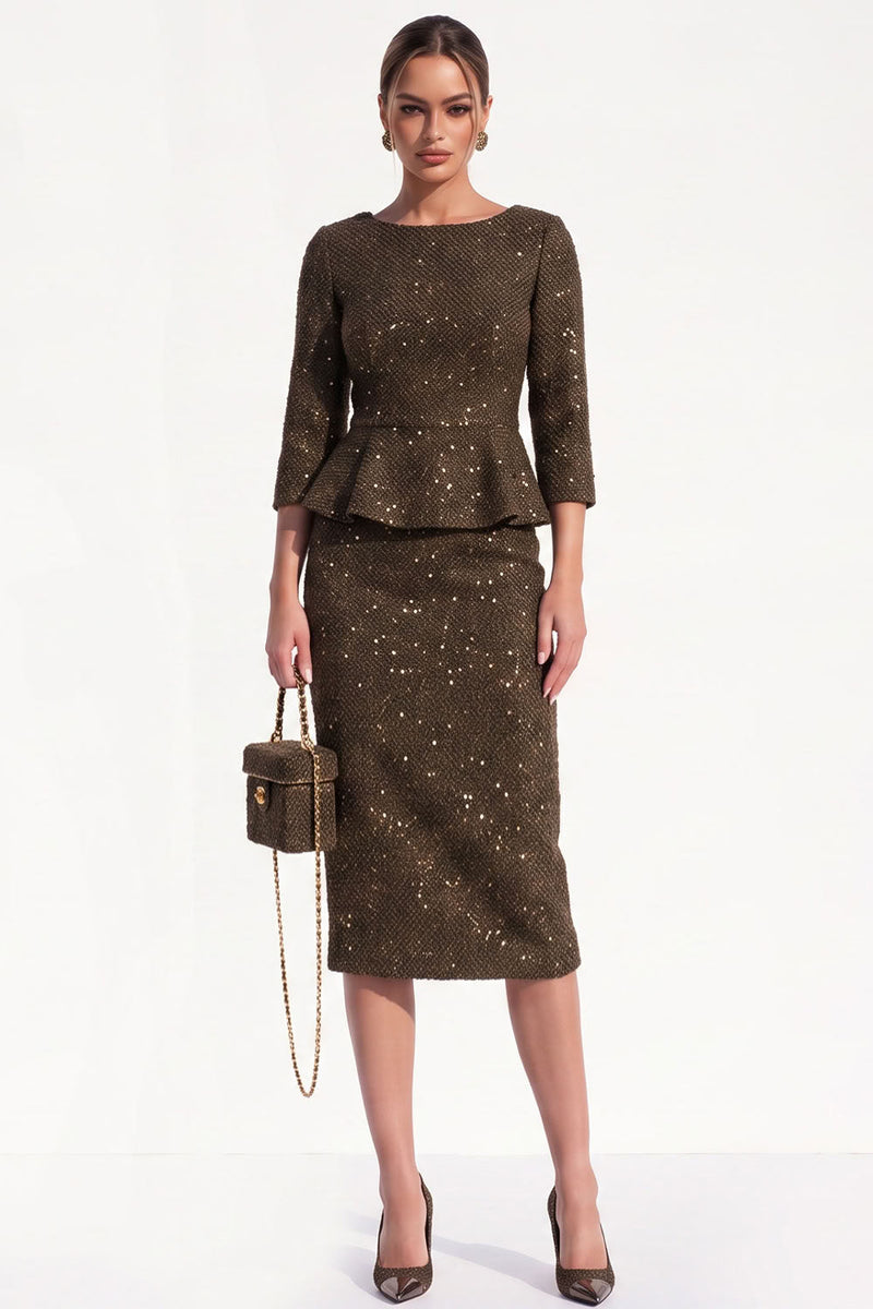 Load image into Gallery viewer, Glitter Bodycon Brown Tweed Peplum Ruffled Midi Work Dress with Sleeves