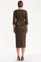 Load image into Gallery viewer, Glitter Bodycon Brown Tweed Peplum Ruffled Midi Work Dress with Sleeves