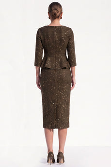 Glitter Bodycon Brown Tweed Peplum Ruffled Midi Work Dress with Sleeves