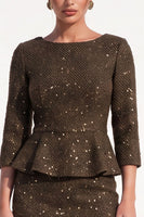 Load image into Gallery viewer, Glitter Bodycon Brown Tweed Peplum Ruffled Midi Work Dress with Sleeves