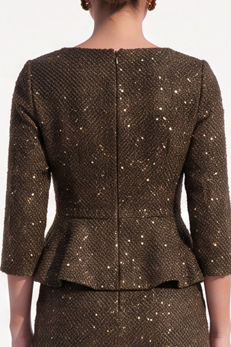 Load image into Gallery viewer, Glitter Bodycon Brown Tweed Peplum Ruffled Midi Work Dress with Sleeves